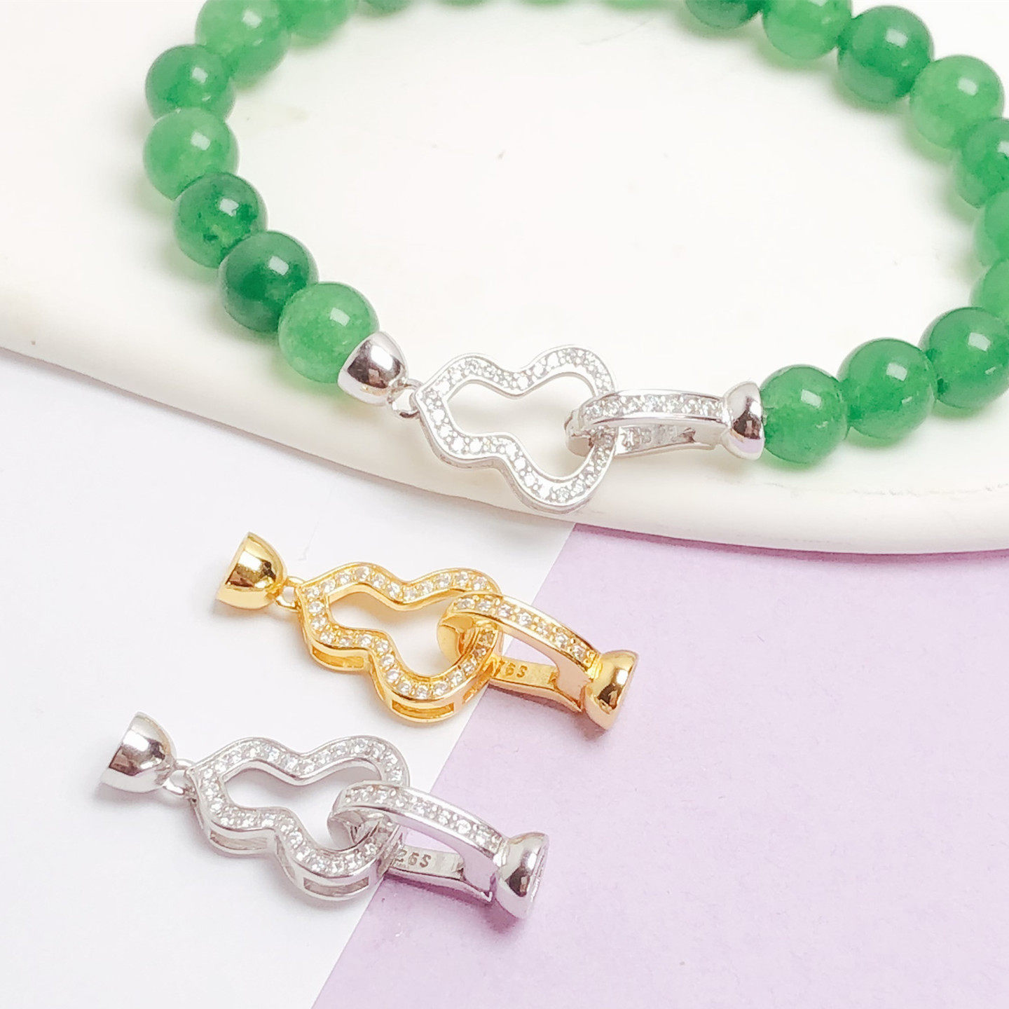 S925纯银扣头镶钻葫芦扣子DIY珍珠项链手链搭扣配件收尾珠链扣头