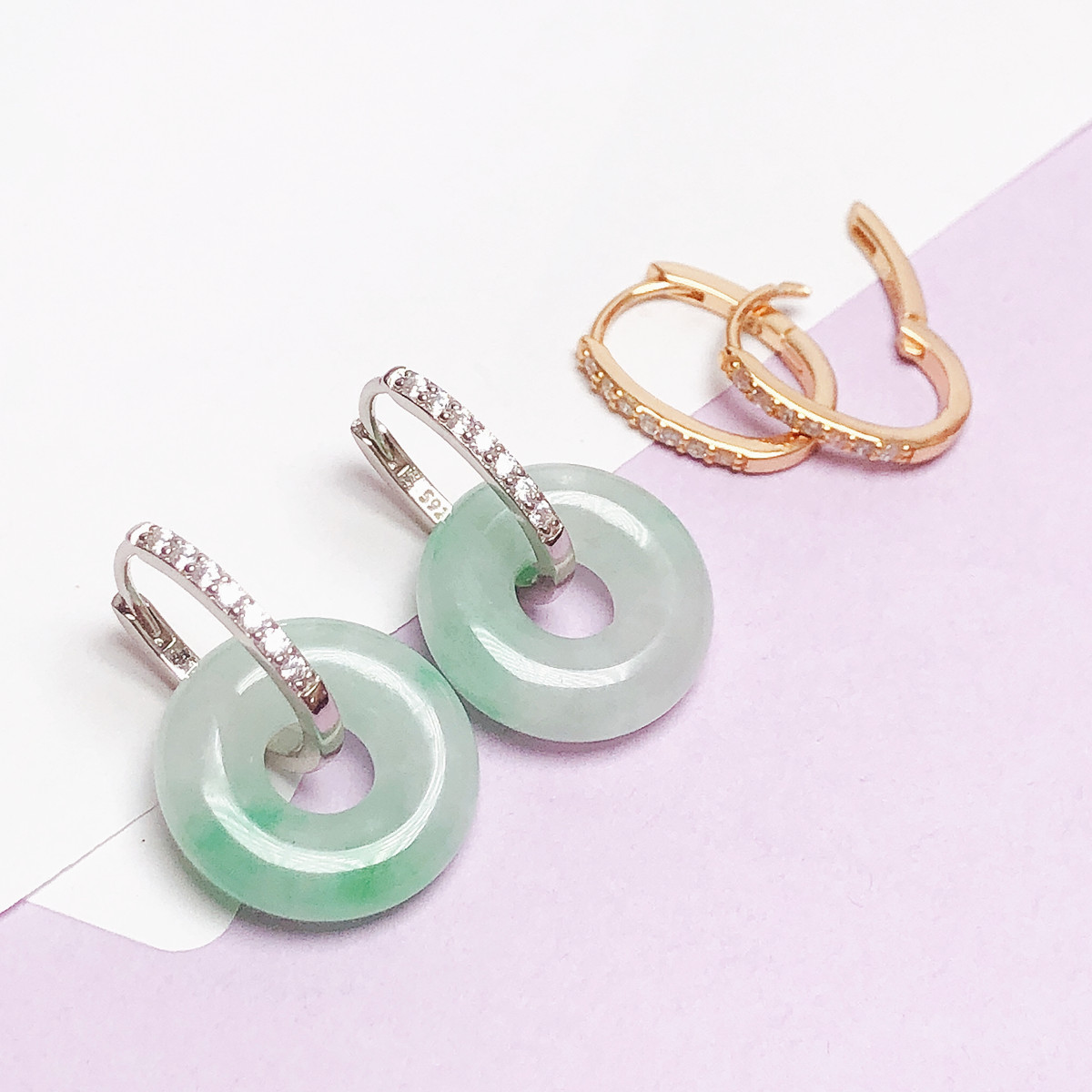 平安环翡翠耳圈S925银平安扣耳扣空托新款高级感轻奢耳环配件包邮