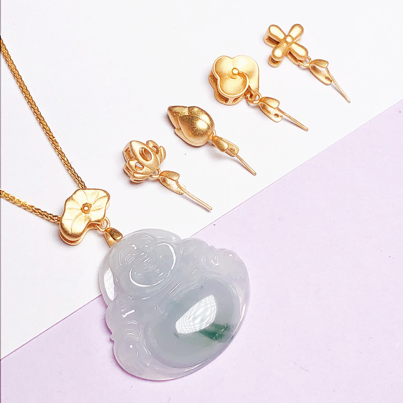 新品s925纯银黄金色翡翠玉佛小扣