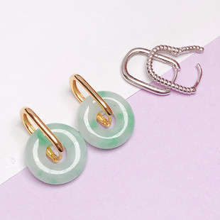 925纯银耳扣平安扣光面空托两用翡翠圆圈18K金耳环配件耳夹耳圈扣