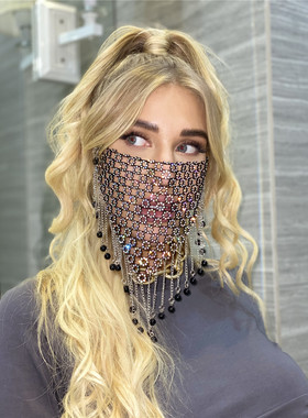 水钻口罩新款定制花朵网格镂空链条钻饰品金属流苏面罩带钻女1254