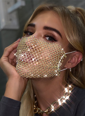 欧美网红新款2021渔网水钻透气网格装饰口罩面罩饰品可拆卸女1227
