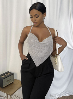 2021欧美夏Ebay性感夜店蹦迪金属亮钻链子挂脖拼接水钻背心女1381