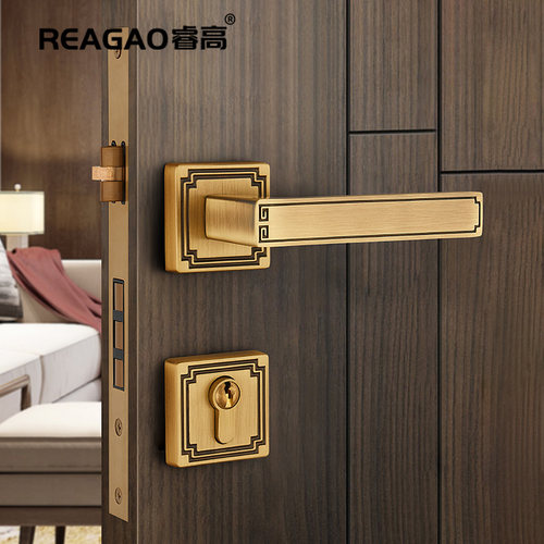 睿高新中式黄铜门锁静音磁吸木门把手室内卧室家用双门锁具通用