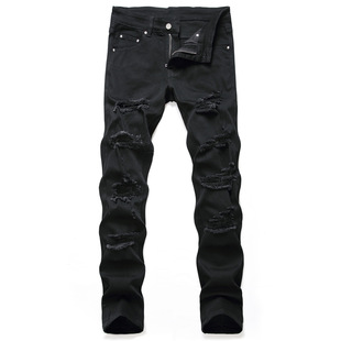 男装 长牛仔裤 修身 黑色休闲时尚 破洞直筒牛仔裤 2020年外贸新款