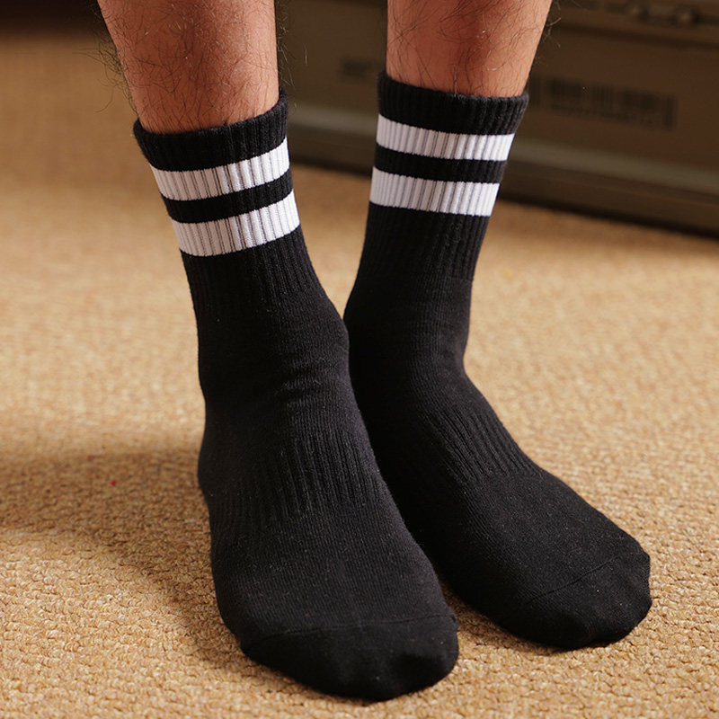 哈叔高品质精梳棉中筒袜男款条纹两杆黑色运动袜体育生青少年棉袜