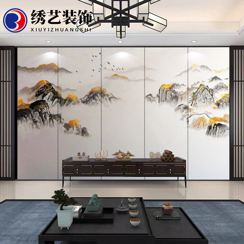 刺绣硬包背景墙客厅沙发电视卧室床头酒店宾馆餐厅新中式墙布壁画图片