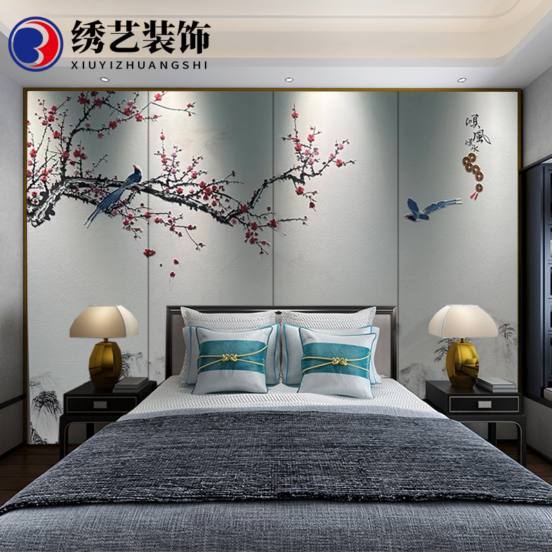 硬包背景墙定制新中式花鸟卧室床头刺绣墙布壁画客厅沙发电视酒店图片