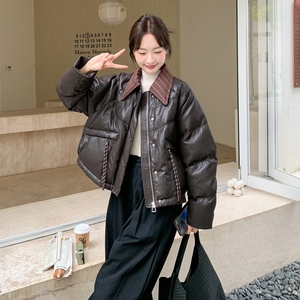 【新款】90绒现 货条纹 拼接皮羽绒服外套297-1932-P295-K438，女装棉衣/棉服，艾艾淮淮