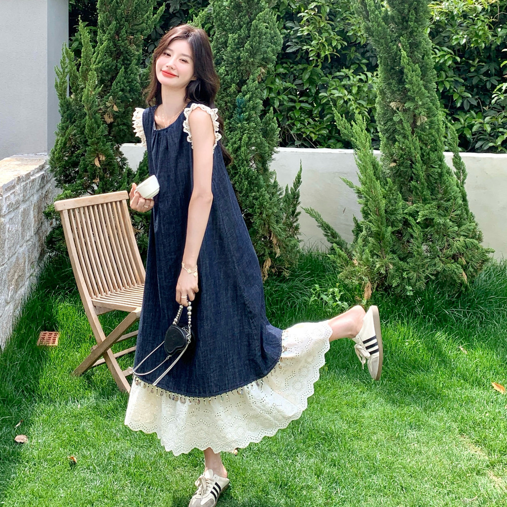 独特漂亮蕾丝拼接无袖牛仔连衣裙女夏薄款超好看宽松遮肚显瘦长裙,女装连衣裙,艾艾淮淮