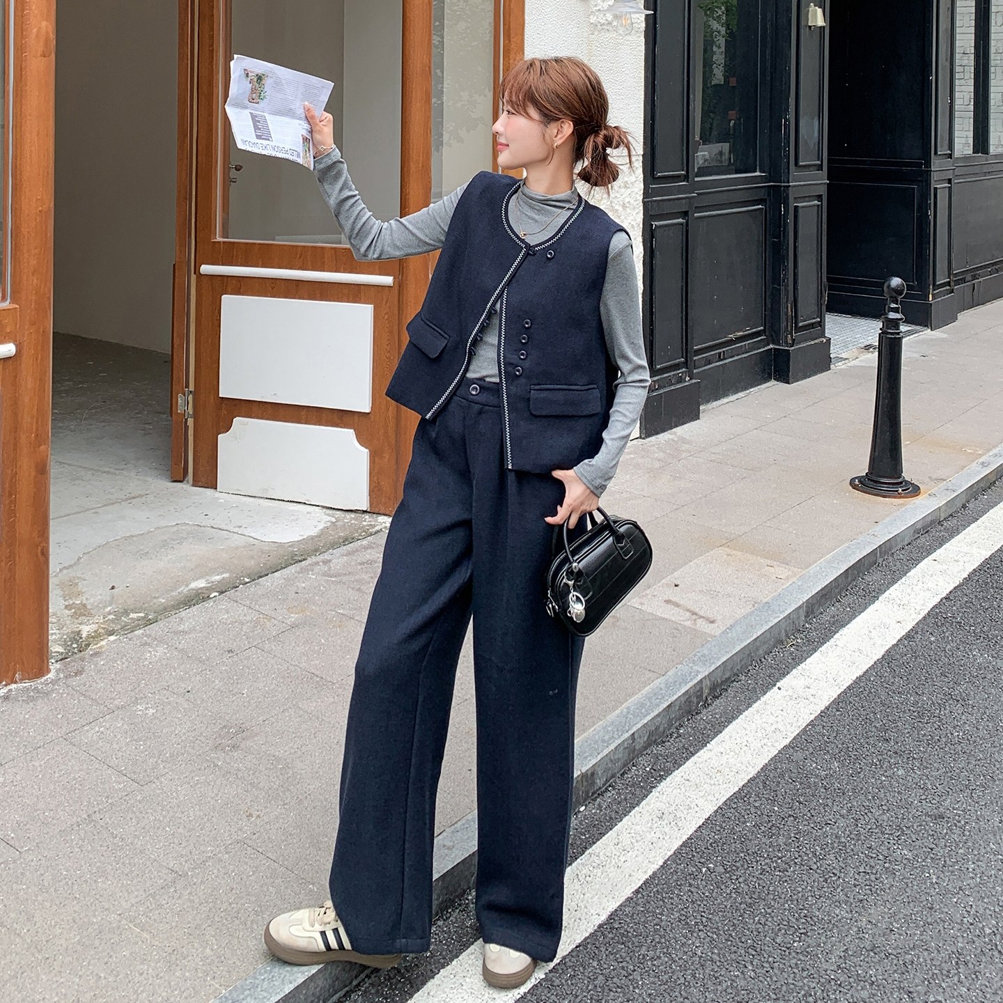 通勤穿搭蓝色马甲套装女春秋2025新款超火好看高级感阔腿裤三件套,女装套装/套裙,艾艾淮淮