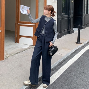 通勤穿搭蓝色马甲套装女春秋2025新款超火好看高级感阔腿裤三件套图片