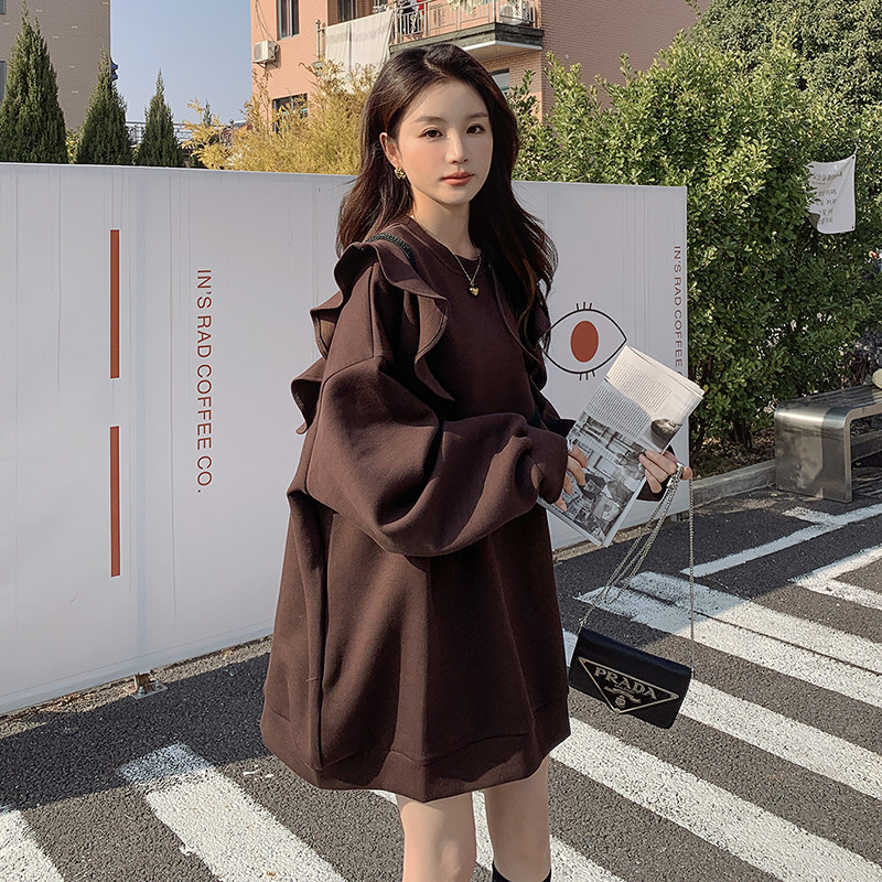 韩版甜美减龄木耳边圆领卫衣女2025春秋季新款宽松显瘦学院风上衣,女装连衣裙,艾艾淮淮