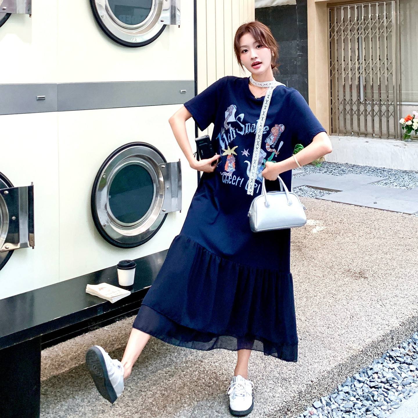 藏青色印花T恤连衣裙女夏季新款流行慵懒风宽松显瘦拼接鱼尾长裙,女装连衣裙,艾艾淮淮