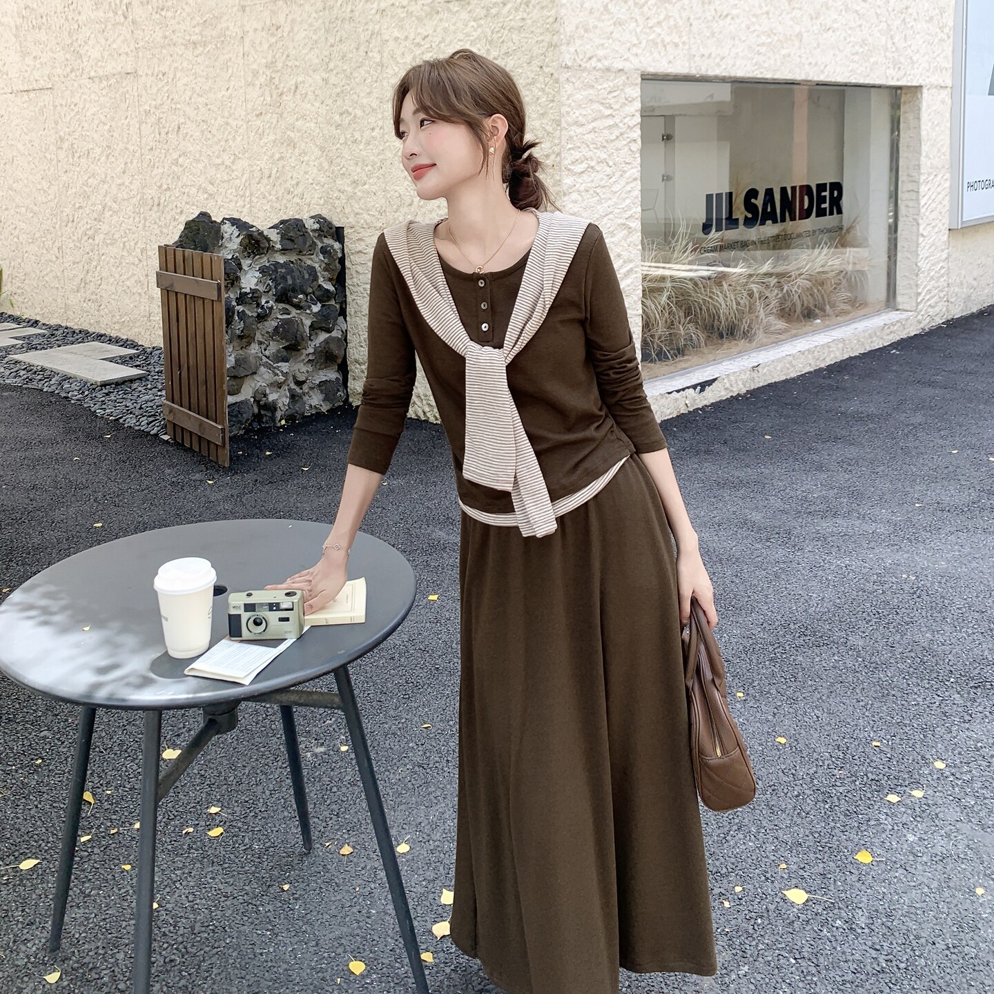 咖色温柔系穿搭针织上衣套装女春秋2025新款休闲显瘦半身裙两件套,女装套装/套裙,艾艾淮淮