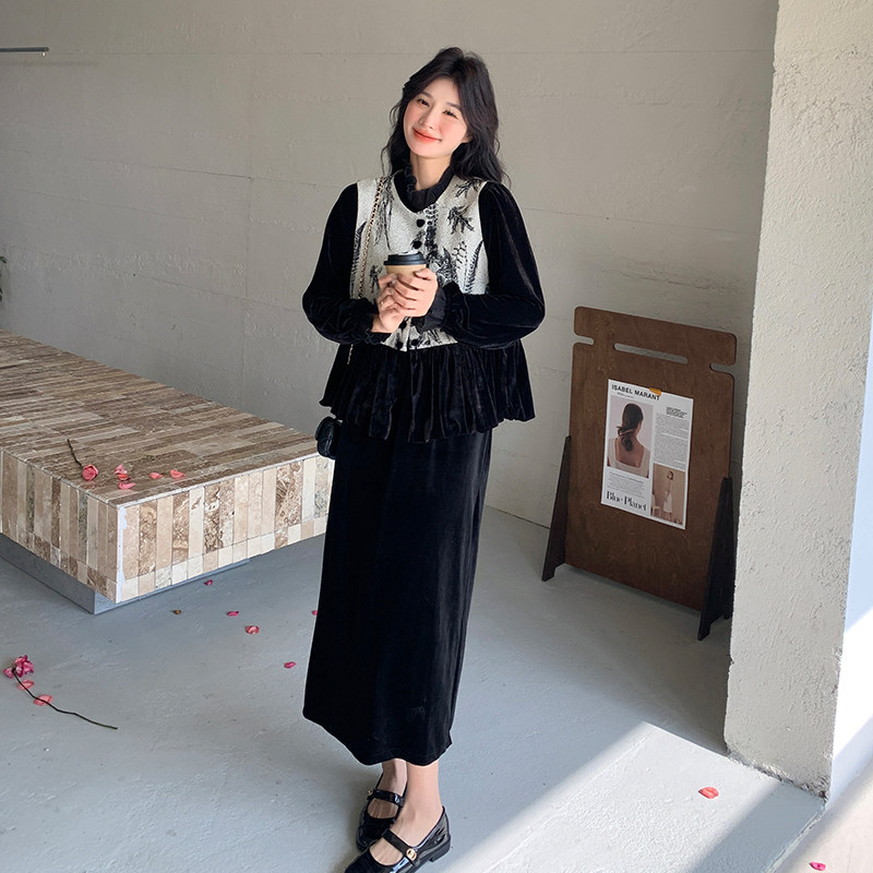 现货 丝绒 连衣裙 套装+马甲三件套297-1159-P175-K248图片