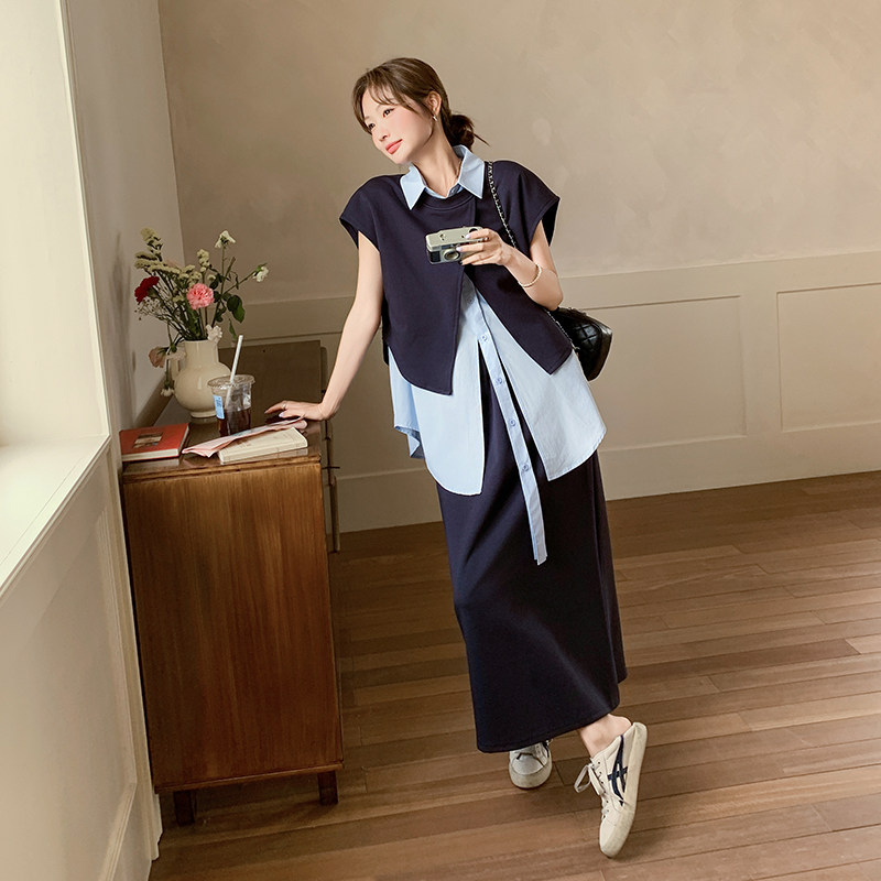 深蓝色设计感休闲套装女2025夏季新款不规则衬衫马甲半身裙三件套,女装套装/套裙,艾艾淮淮