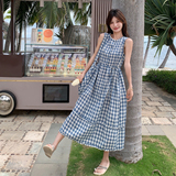 高腰显瘦巨好看蓝色格子连衣裙女2025夏季新款复古小心机长裙子，女装连衣裙，艾艾淮淮