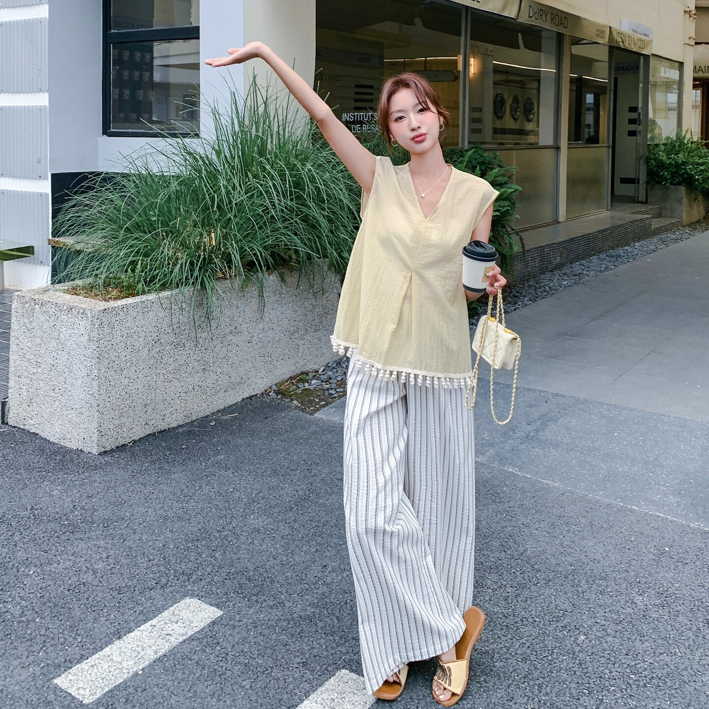 法式气质淡人流苏拼接背心套装夏季2025新款时髦条纹阔腿裤两件套,女装套装/套裙,艾艾淮淮
