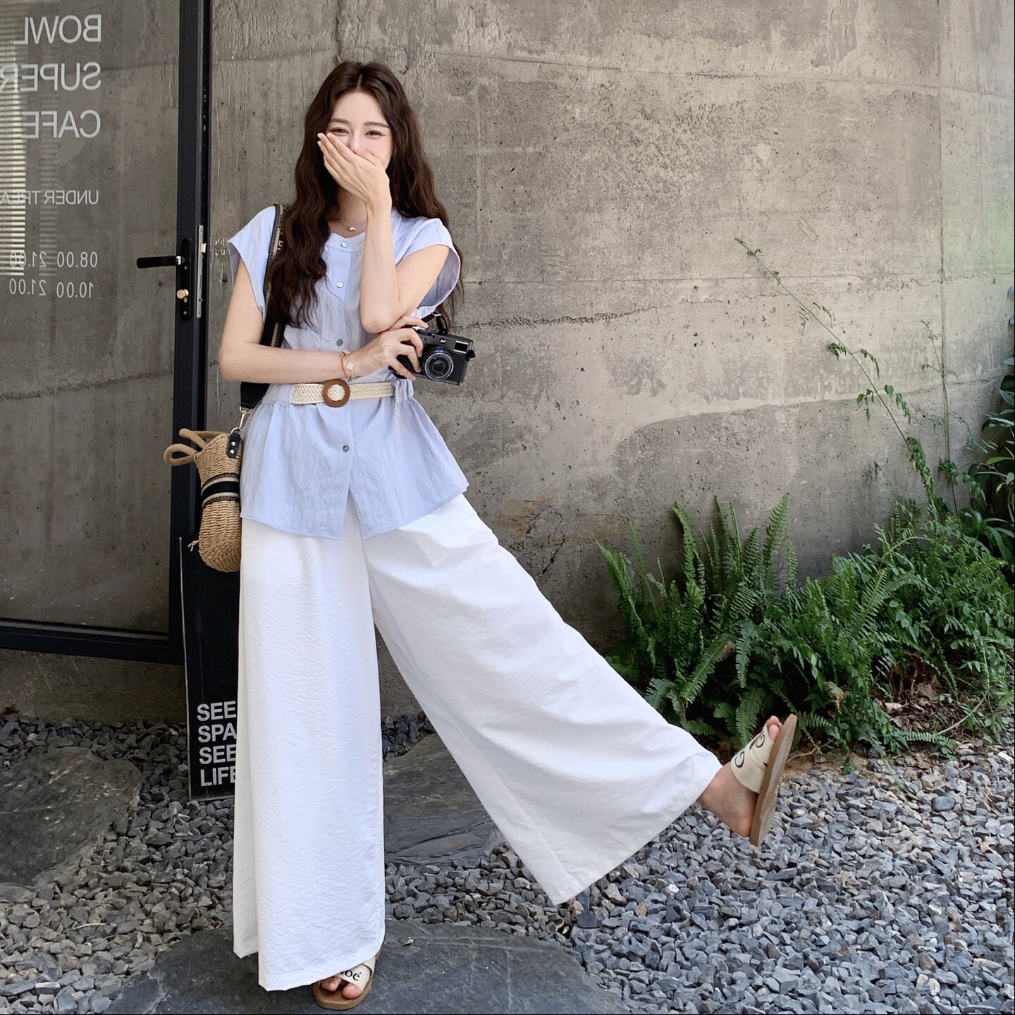蓝色高级感无袖衬衫套装女2025年夏季新款温柔系穿搭阔腿裤两件套,女装套装/套裙,艾艾淮淮