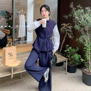 2025秋季新款深蓝色设计感拼接上衣淡人套装女宽松阔腿长裤两件套图片
