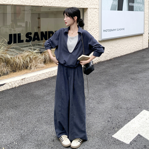 藏青色松弛感套装女秋季2025新款撞色条纹拼接上衣阔腿裤两件套图片
