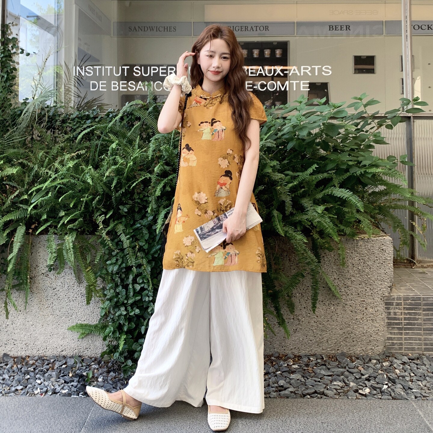 新中式国风高级感时尚套装女夏新款改良旗袍印花上衣阔腿裤两件套,女装套装/套裙,艾艾淮淮