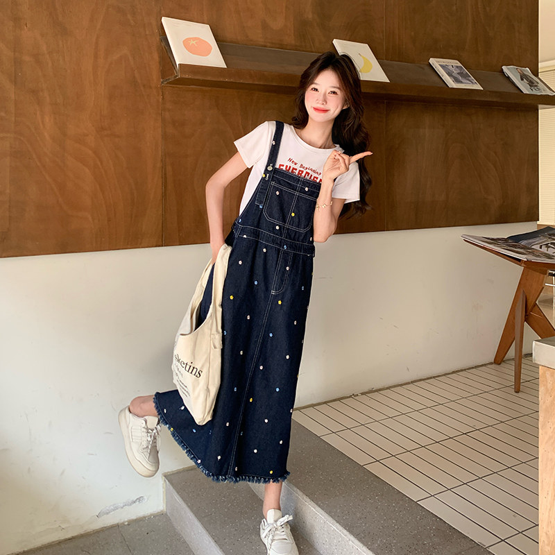 洋气减龄波点牛仔背带裙女2025夏季新款短袖T恤连衣裙，女装连衣裙，艾艾淮淮