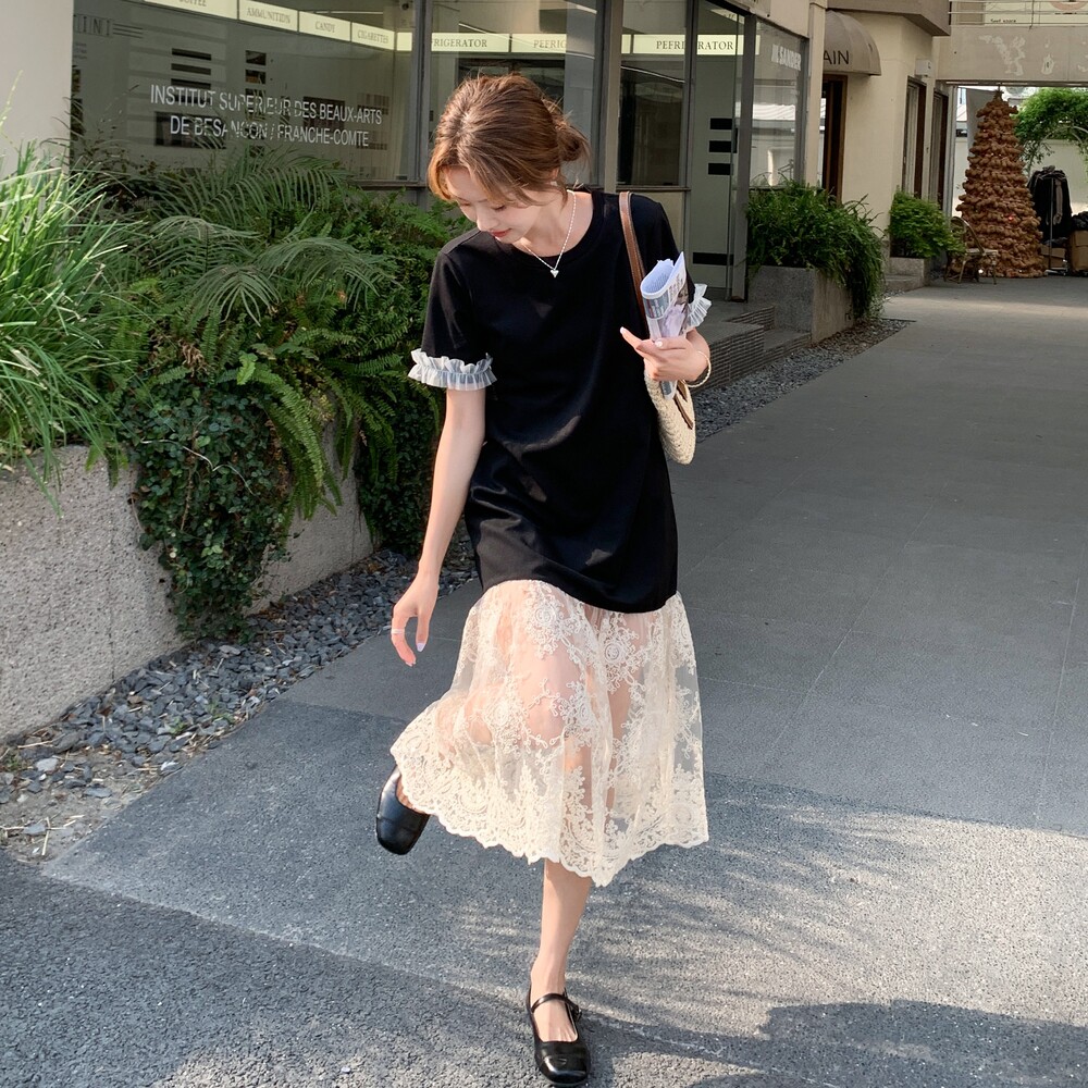 黑色拼接T恤连衣裙女夏新款小个子设计感韩版宽松休闲显瘦鱼尾裙,女装连衣裙,艾艾淮淮