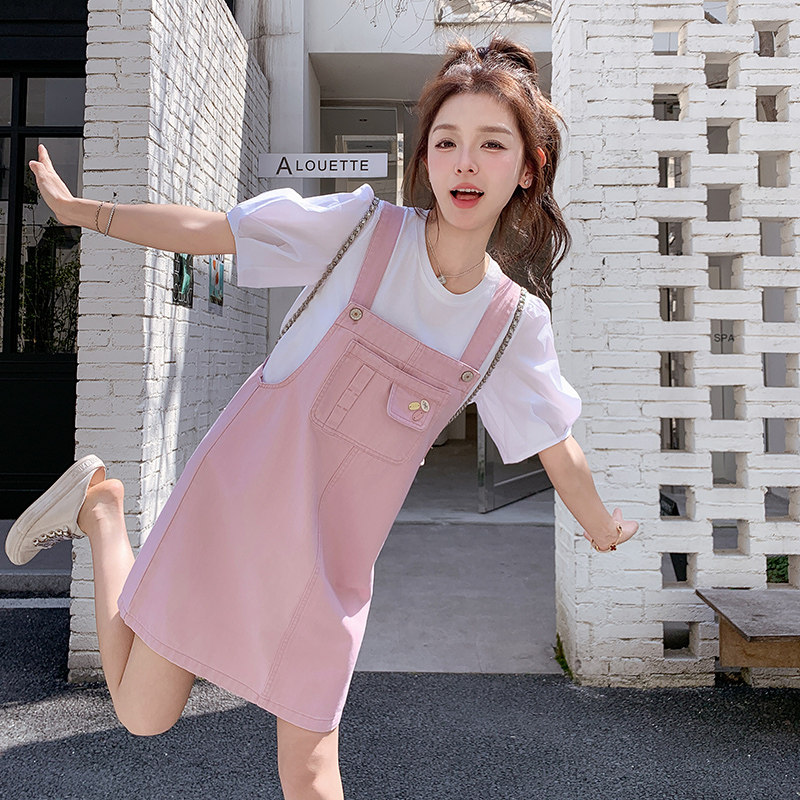 少女风减龄粉色背带连衣裙套装女夏2025新款学院风爆款甜美两件套,女装套装/套裙,艾艾淮淮