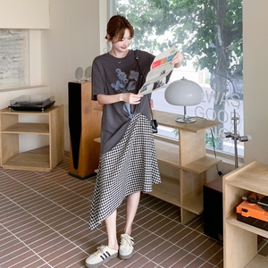 灰色假两件格子拼接连衣裙女夏季2025新款简单大方减龄休闲T恤裙图片