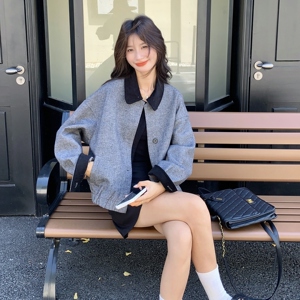 美式复古灰色毛呢棒球服外套女秋冬超火好看高级小众加厚呢子大衣