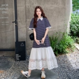 休闲风polo领蕾丝拼接条纹拼接连衣裙女夏2025超火松弛感减龄长裙，女装连衣裙，艾艾淮淮