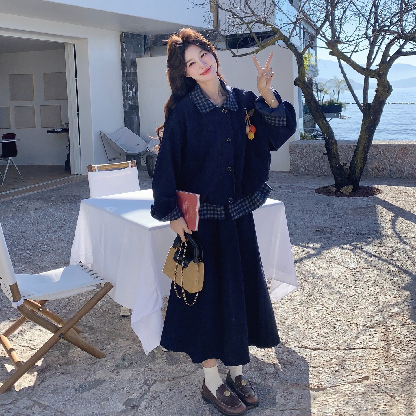 【新款】现货格子拼接假两件+半身裙297-1996-P215-K348，女装短外套，艾艾淮淮