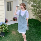 盐甜系穿搭蓝色印花木耳边牛仔背带连衣裙套装女夏新款短袖两件套，女装连衣裙，艾艾淮淮