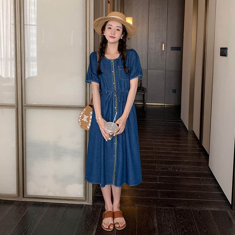 蓝色牛仔连衣裙女夏季2025新款收腰复古显瘦轻熟小个子减龄中长裙,女装连衣裙,艾艾淮淮
