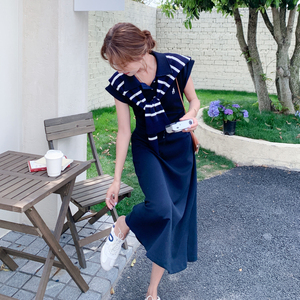 套头长裙拼接夏季真丝条纹连衣裙A字裙常规法式吸汗显瘦气质针织图片