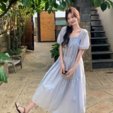 浅蓝色泡泡袖串珠圆领连衣裙女2025夏新款韩系甜美宽松中长款裙子，女装连衣裙，艾艾淮淮