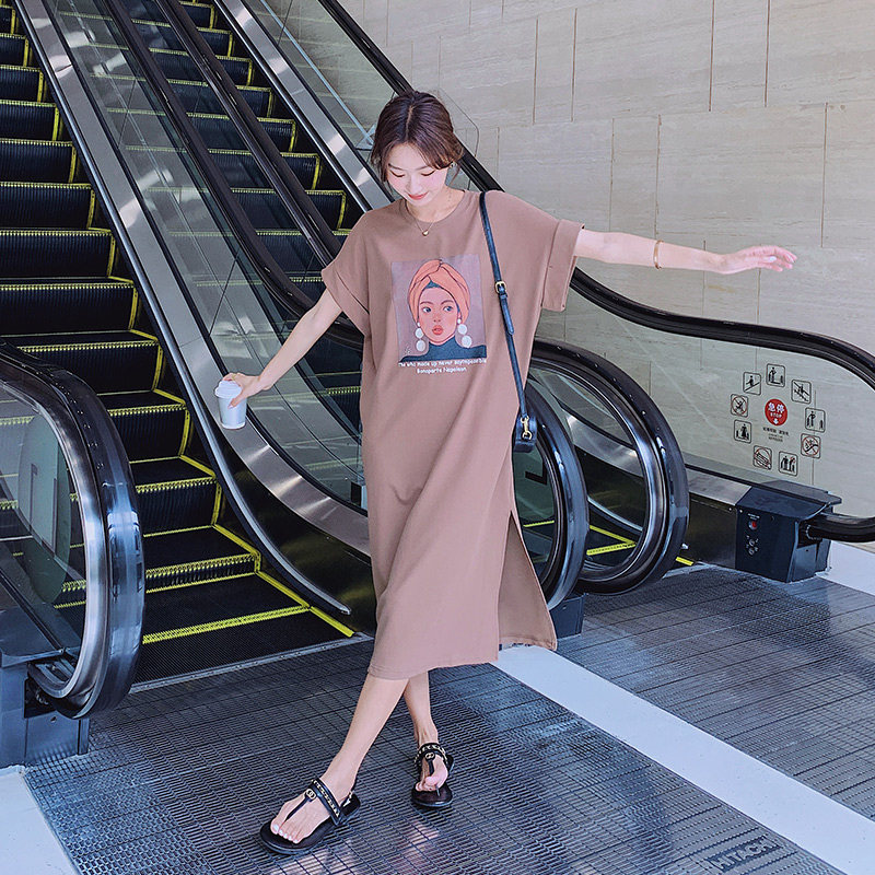 休闲宽松印花T恤连衣裙女2023夏新款韩版洋气减龄显瘦懒人卫衣裙图片