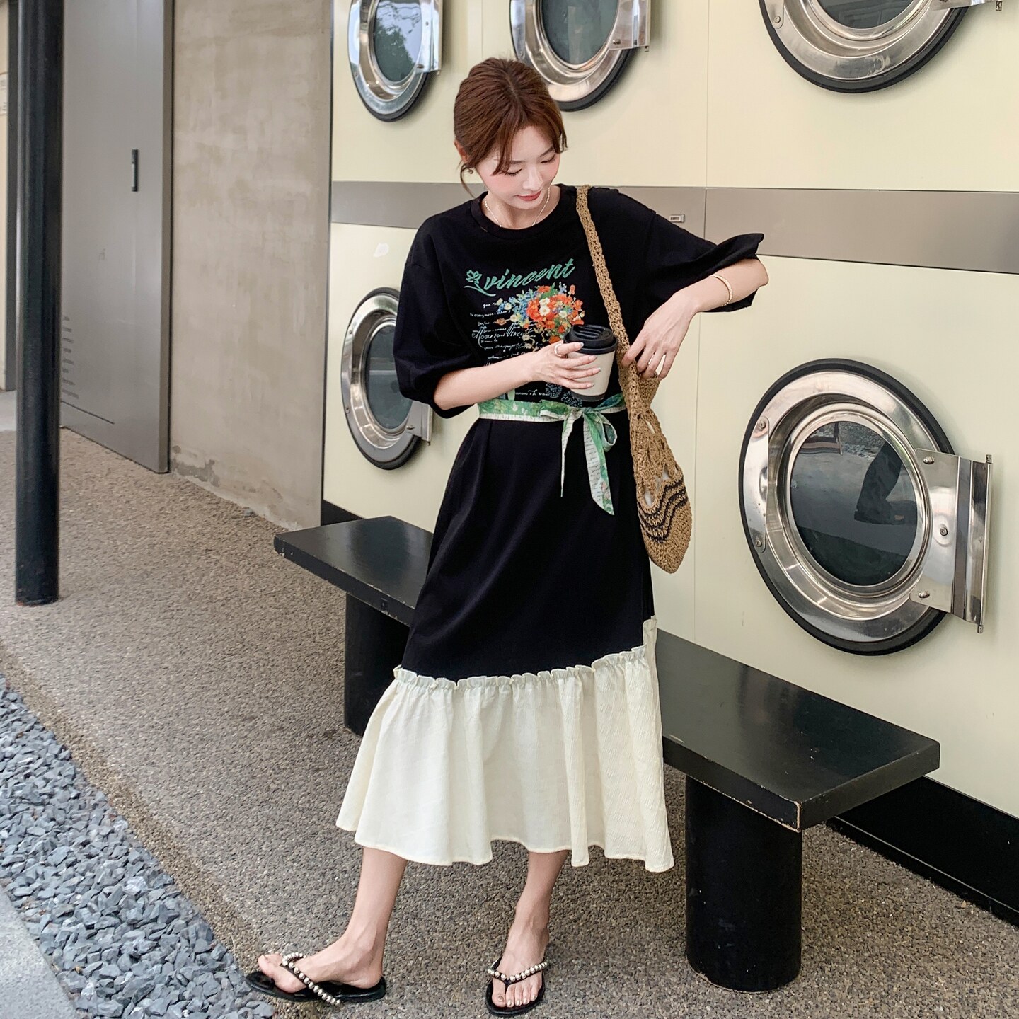 撞色拼接印花连衣裙女2025年夏季新款韩系慵懒风宽松休闲T恤长裙,女装连衣裙,艾艾淮淮