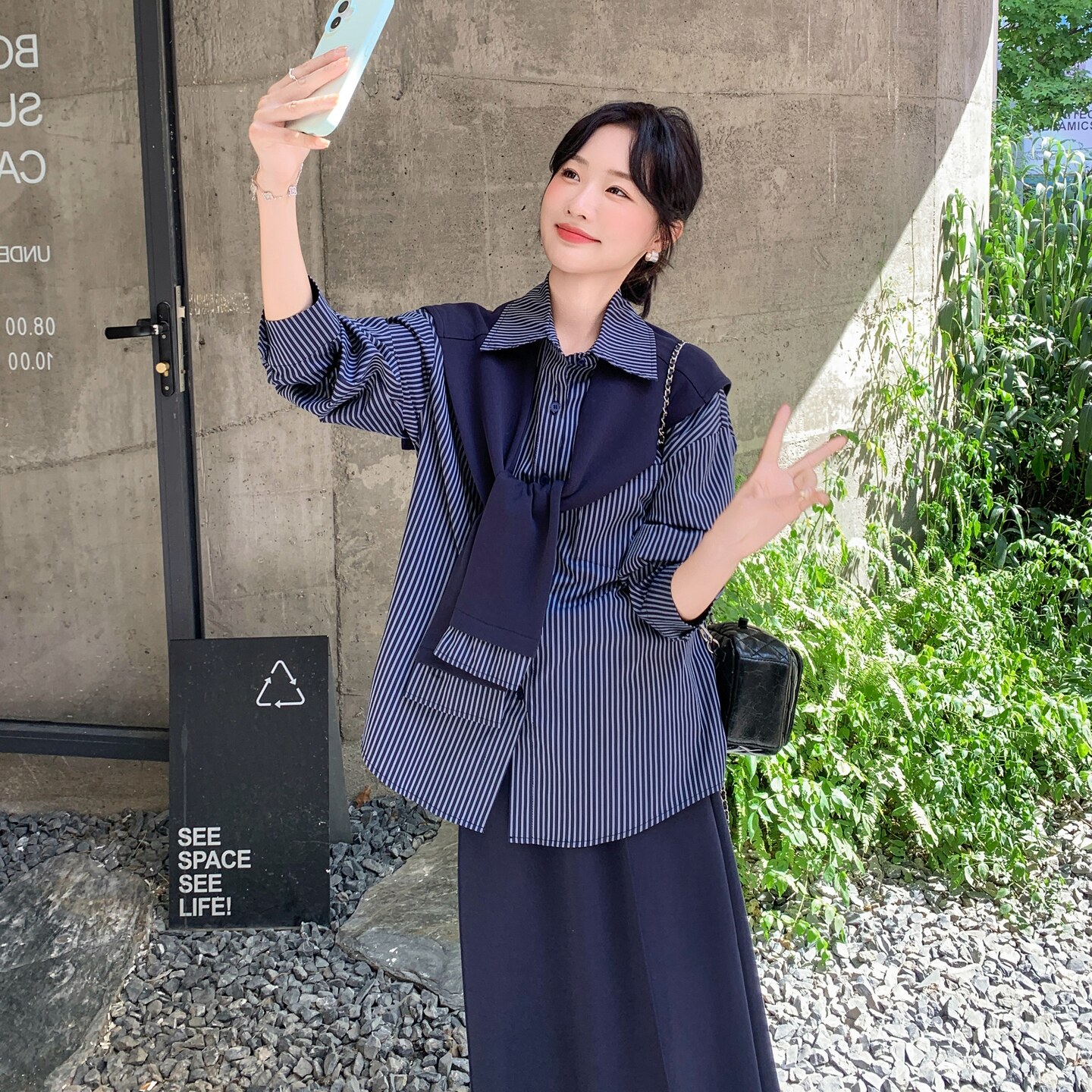 藏青色条纹学院风长袖衬衫套装女2025春秋季新款显瘦半身裙两件套,女装套装/套裙,艾艾淮淮