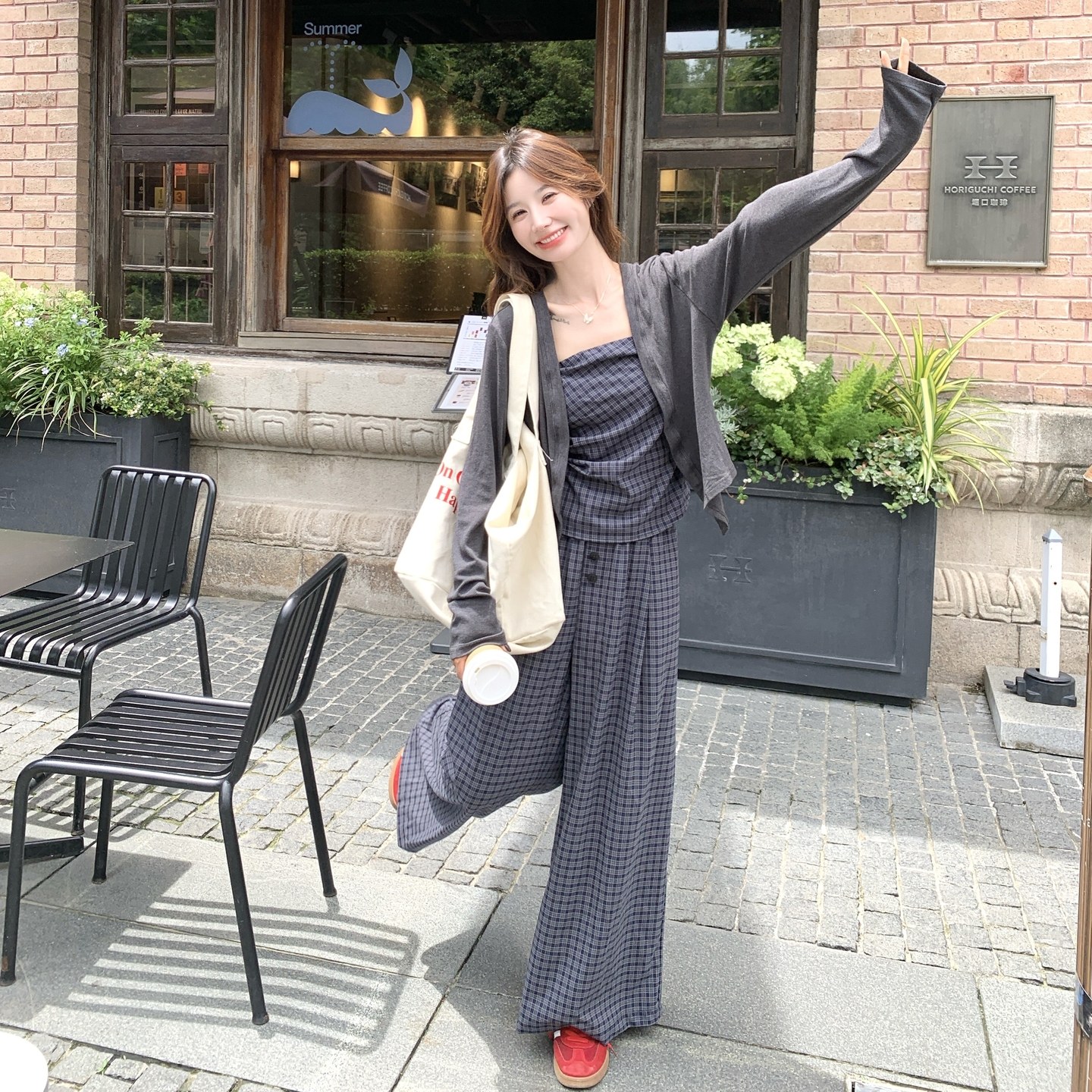 韩系少女灰色开衫格子吊带背心阔腿裤三件套女2025秋季新款小个子,女装套装/套裙,艾艾淮淮