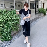 轻熟风设计感黑色假两件印花t恤裙新款小个子时尚洋气连衣裙女夏，女装连衣裙，艾艾淮淮