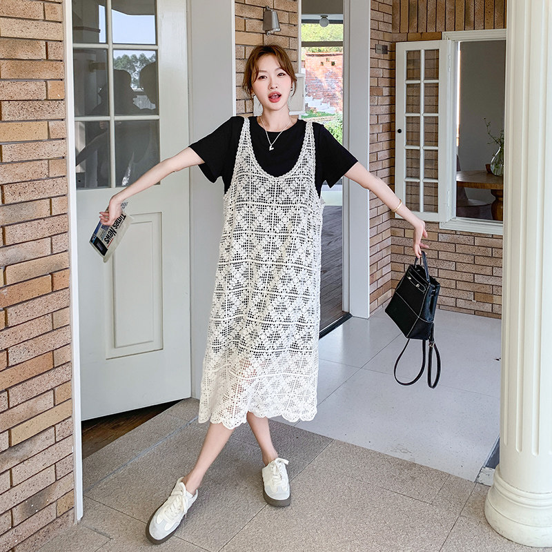 韩系蕾丝镂空吊带连衣裙叠穿T恤裙慵懒休闲显瘦绝美小裙子,女装连衣裙,艾艾淮淮