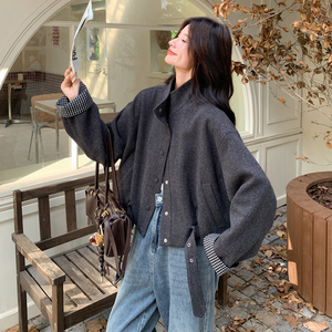 【新款】现货 毛呢 外套 袖口撞色格子297-1776-P155-KK228，女装短外套，艾艾淮淮