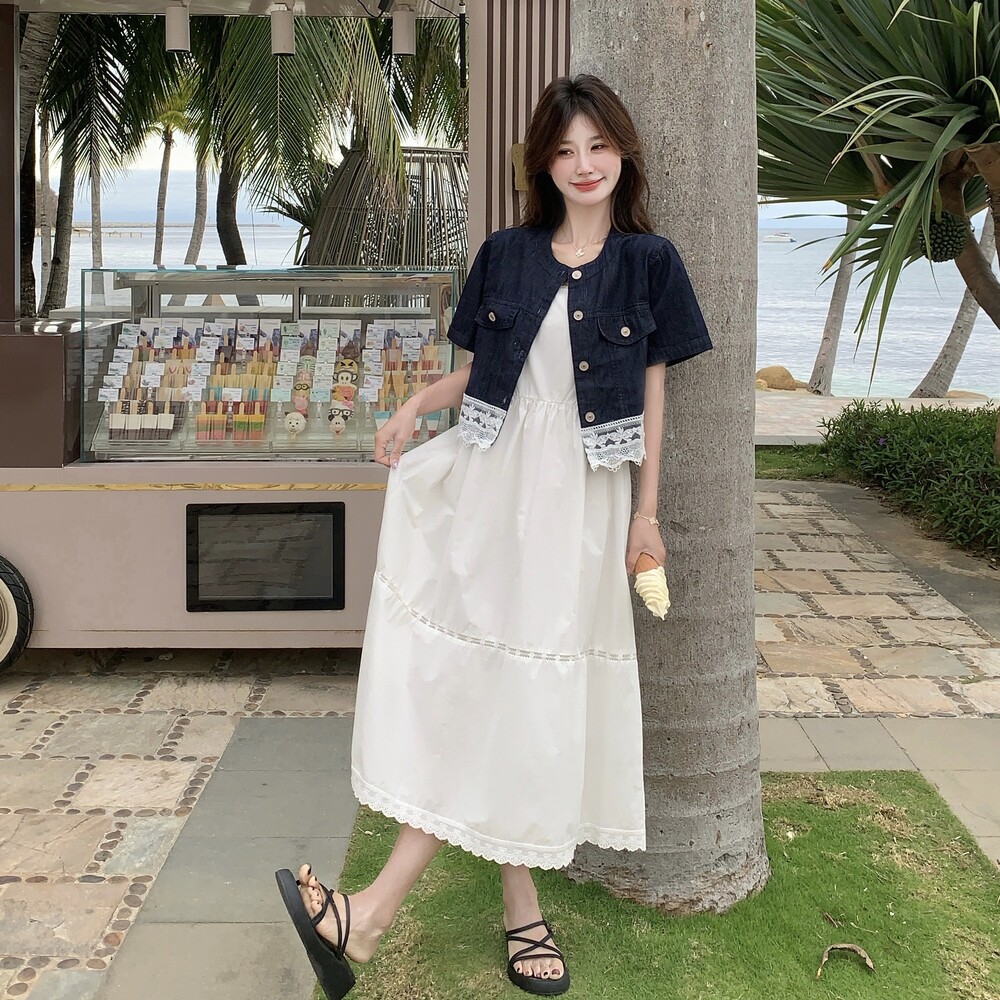 度假风白色连衣裙套装女2025夏新款蕾丝拼接牛仔外套吊带裙两件套,女装套装/套裙,艾艾淮淮