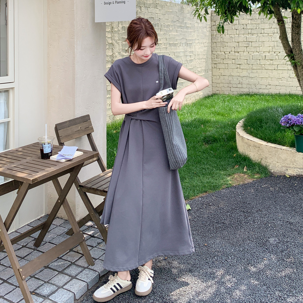 夏日灰色松弛感连衣裙女2025新款小众设计感收腰飞飞袖长款T恤裙,女装连衣裙,艾艾淮淮