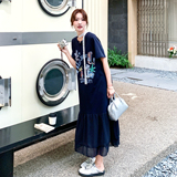 藏青色印花T恤连衣裙女夏季新款流行慵懒风宽松显瘦拼接鱼尾长裙，女装连衣裙，艾艾淮淮