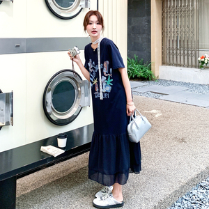 藏青色印花T恤连衣裙女夏季新款流行慵懒风宽松显瘦拼接鱼尾长裙图片