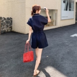 时尚减龄收腰连体裤女2025夏新款气质设计感单排扣抽绳短裤连衣裤，女装套装/套裙，艾艾淮淮